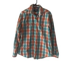 Rough Stock Panhandle Men Large‎ Orange Blue Pearl Snap Western Shirt